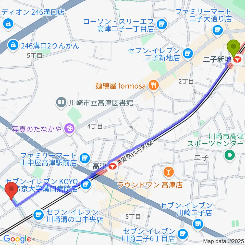 二子新地駅から928ギター教室へのルートマップ地図