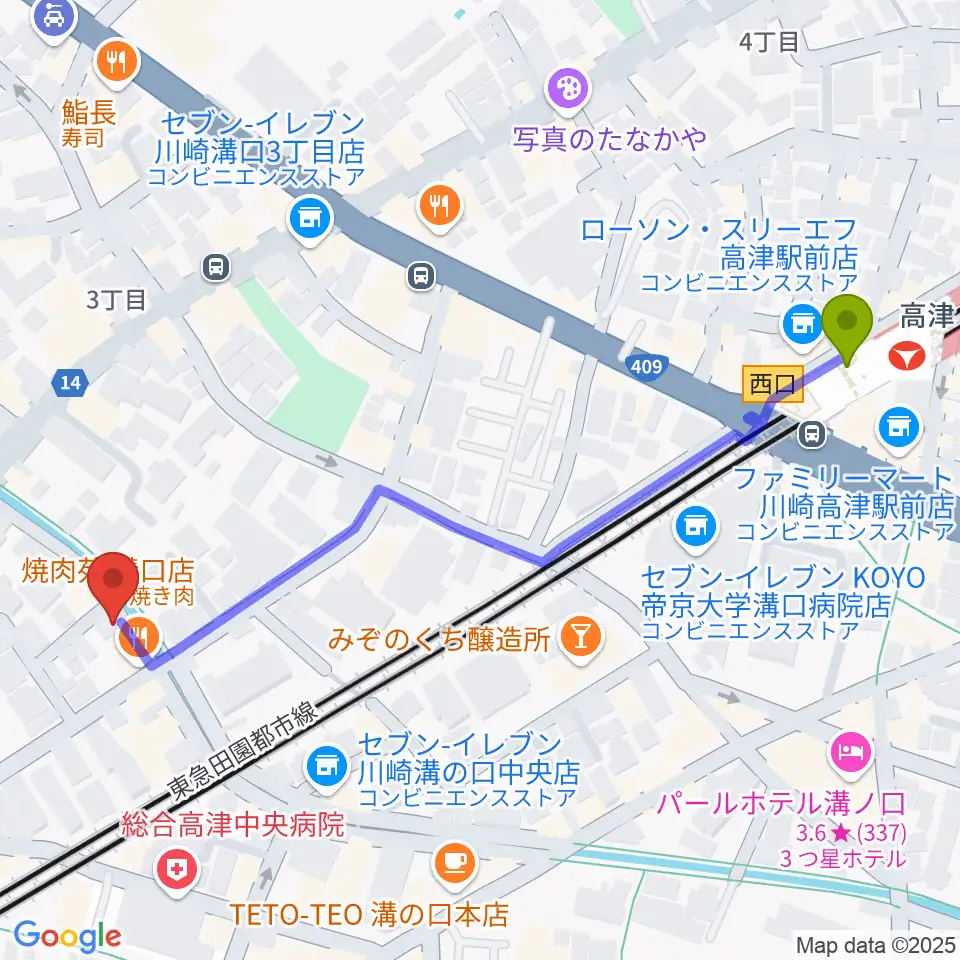 928ギター教室の最寄駅高津駅からの徒歩ルート（約6分）地図