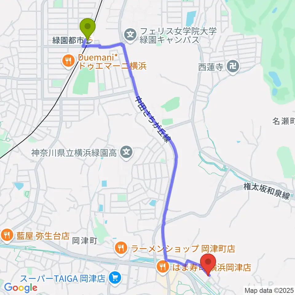 オーボエ教室カンタービレの最寄駅緑園都市駅からの徒歩ルート（約28分）地図