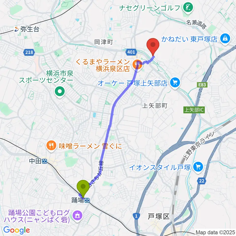 踊場駅からオーボエ教室カンタービレへのルートマップ地図