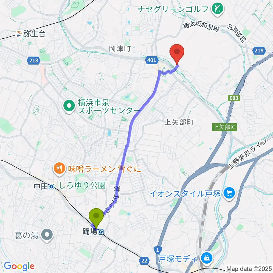 踊場駅からオーボエ教室カンタービレへのルートマップ地図