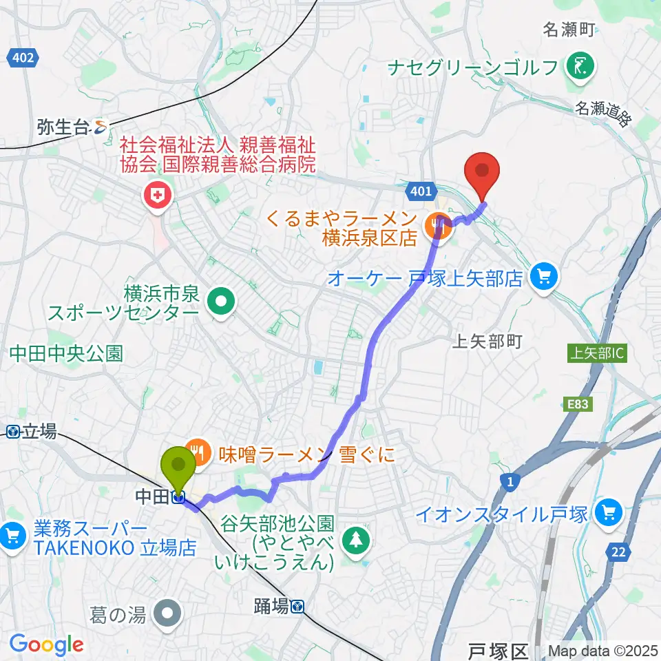 中田駅からオーボエ教室カンタービレへのルートマップ地図