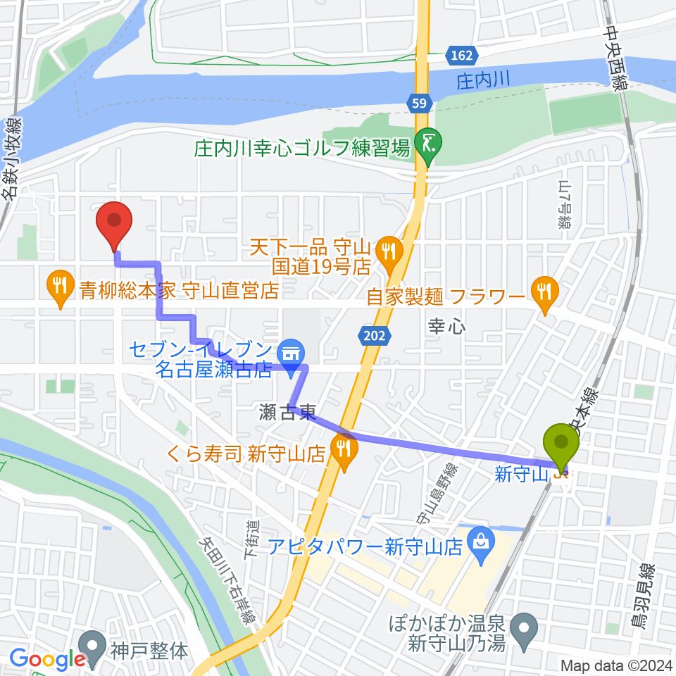 新守山駅から瀬古音楽センターへのルートマップ地図