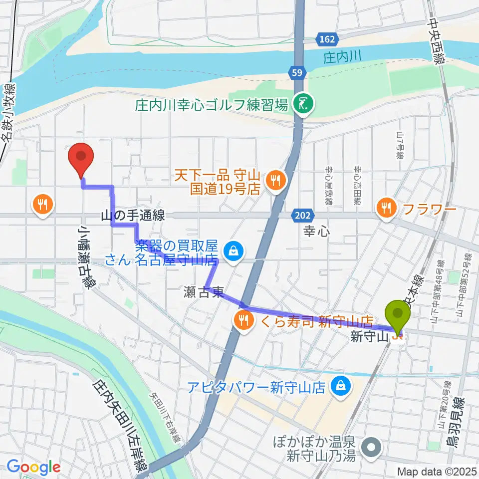 新守山駅から瀬古音楽センターへのルートマップ地図
