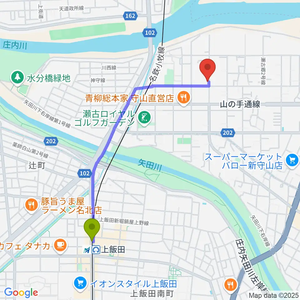 上飯田駅から瀬古音楽センターへのルートマップ地図