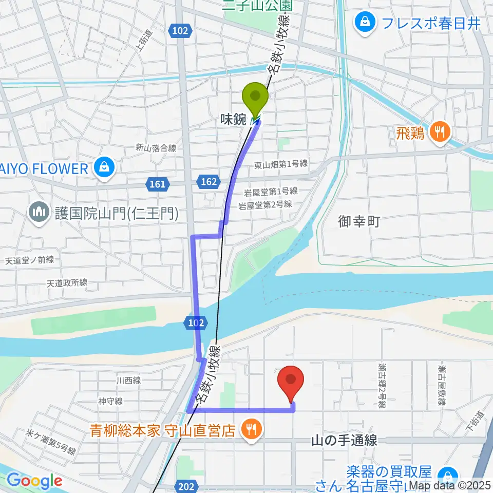 瀬古音楽センターの最寄駅味鋺駅からの徒歩ルート（約18分）地図