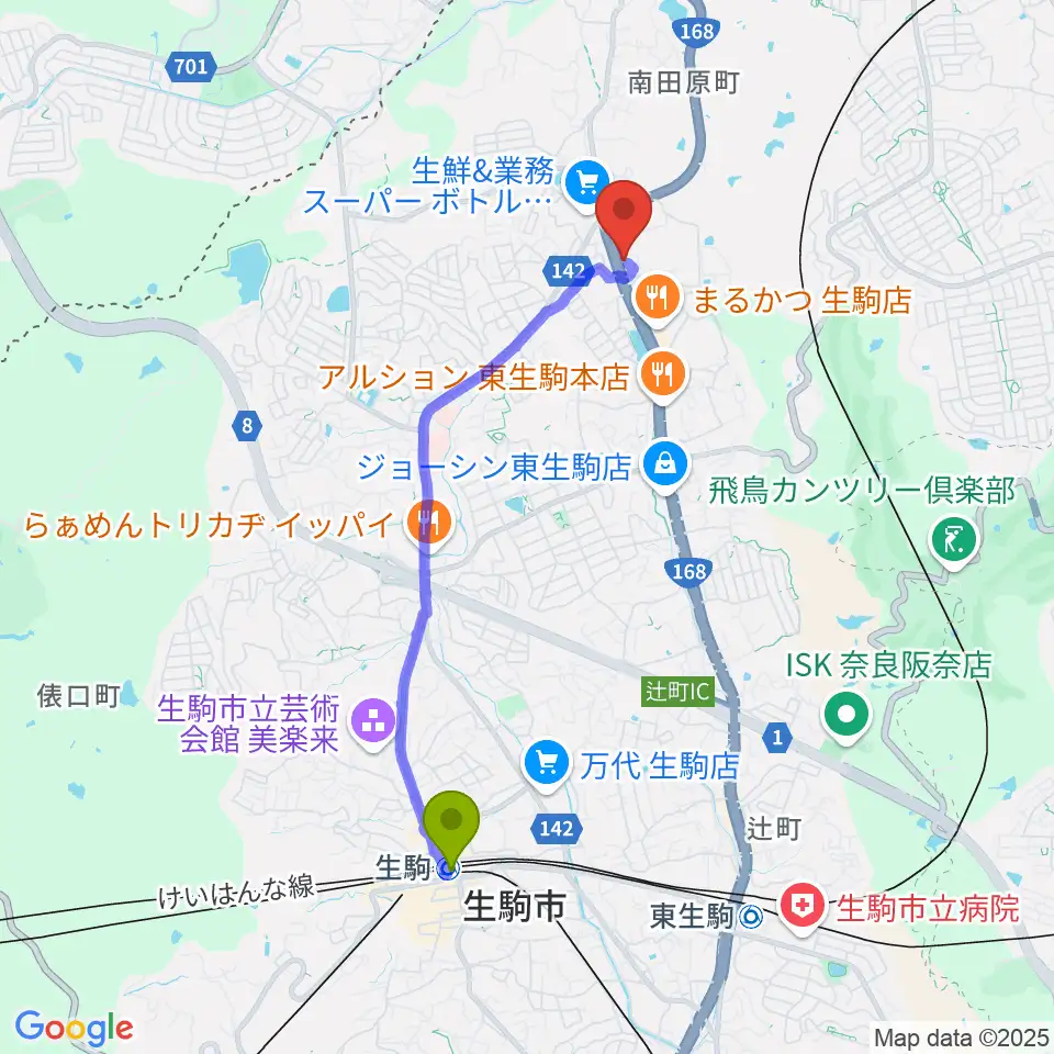 生駒駅から倭（しづ）の会音楽教室へのルートマップ地図