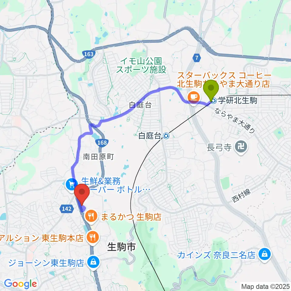 学研北生駒駅から倭（しづ）の会音楽教室へのルートマップ地図