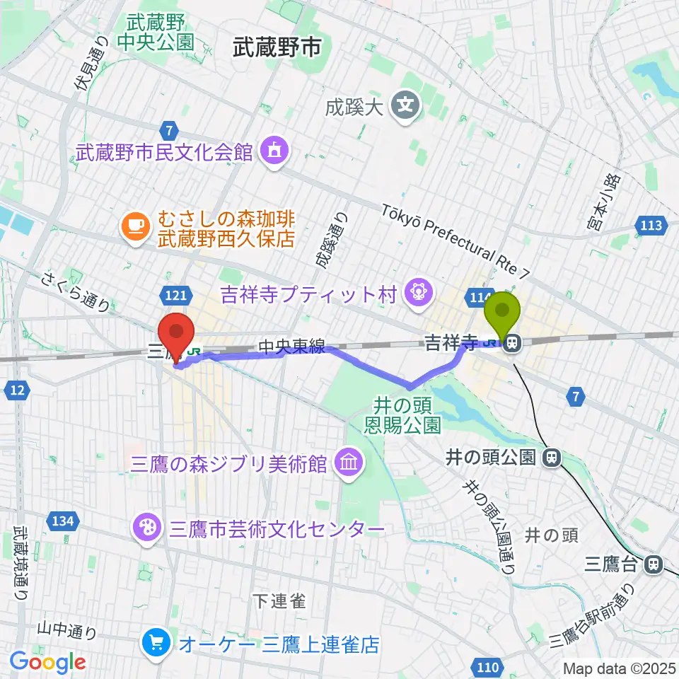 吉祥寺駅からヤマノミュージックサロン三鷹へのルートマップ地図