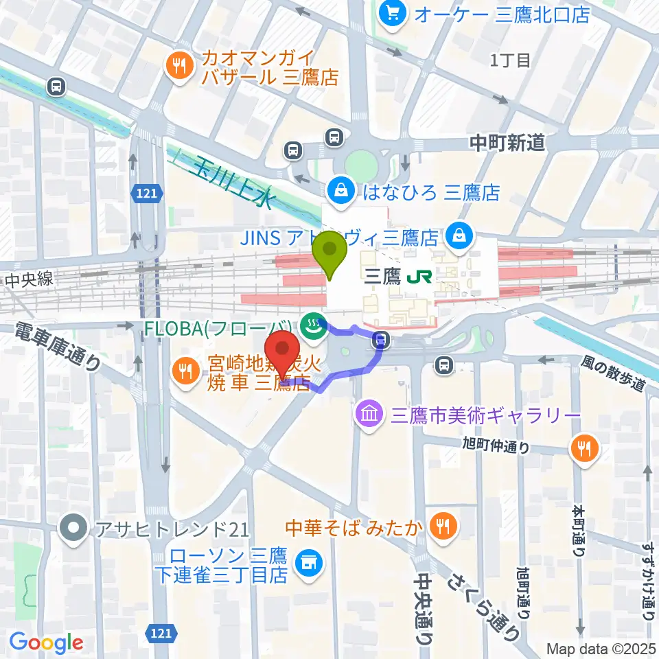 ヤマノミュージックサロン三鷹の最寄駅三鷹駅からの徒歩ルート（約1分）地図