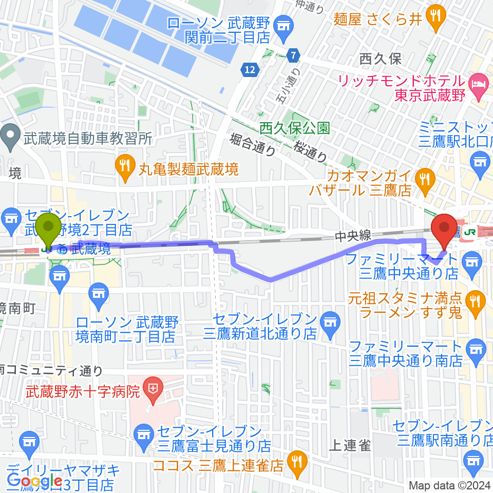 武蔵境駅からヤマノミュージックサロン三鷹へのルートマップ地図