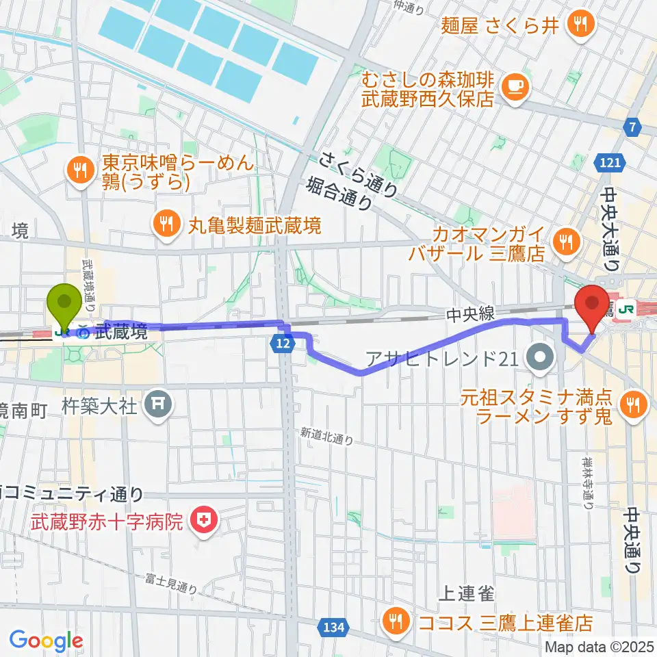武蔵境駅からヤマノミュージックサロン三鷹へのルートマップ地図
