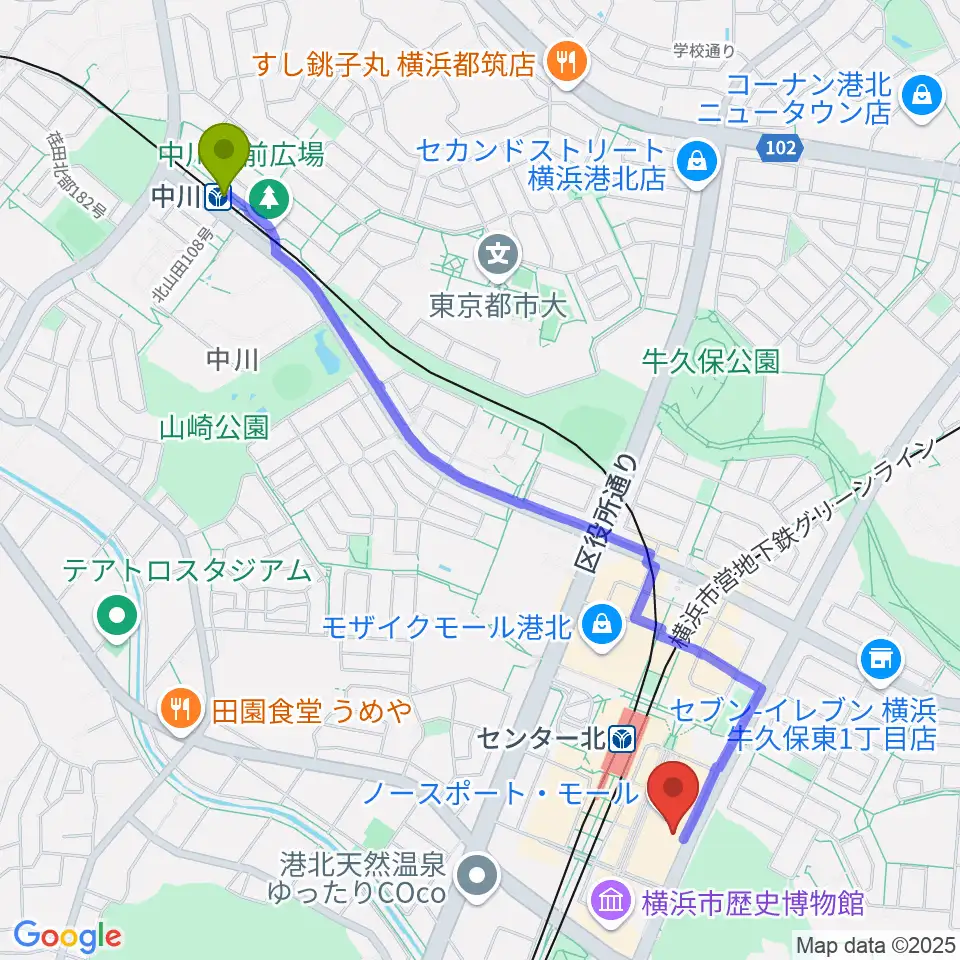 中川駅からヤマノミュージックサロンセンター北へのルートマップ地図