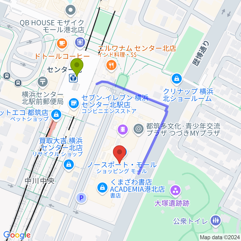 ヤマノミュージックサロンセンター北の最寄駅センター北駅からの徒歩ルート（約3分）地図