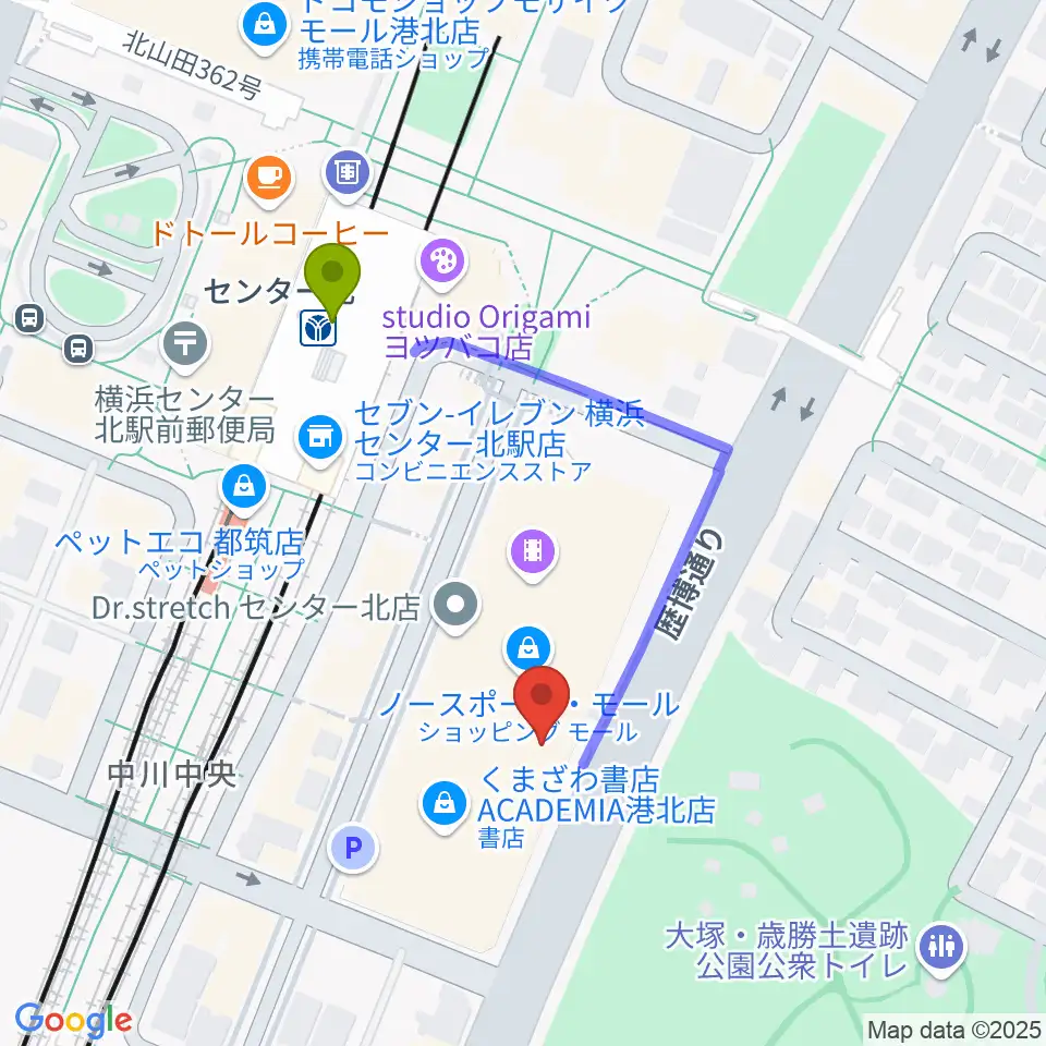ヤマノミュージックサロンセンター北の最寄駅センター北駅からの徒歩ルート（約3分）地図