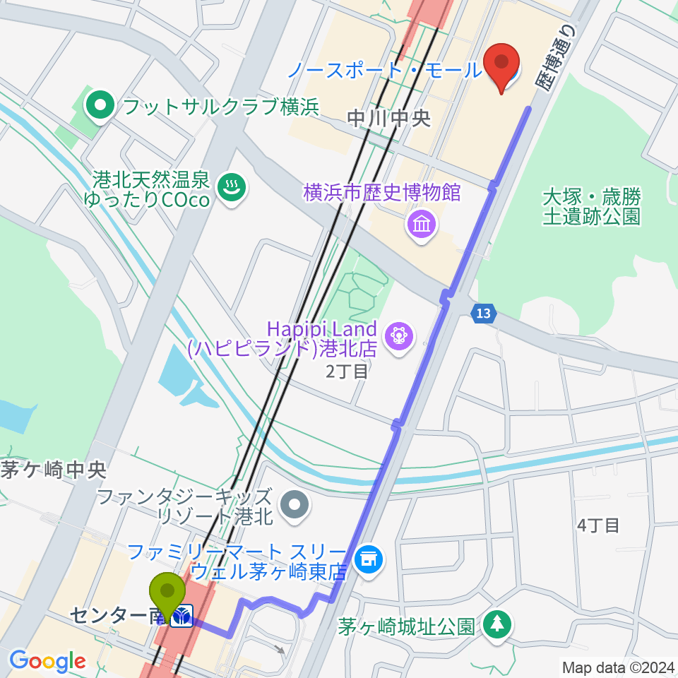 センター南駅からヤマノミュージックサロンセンター北へのルートマップ地図