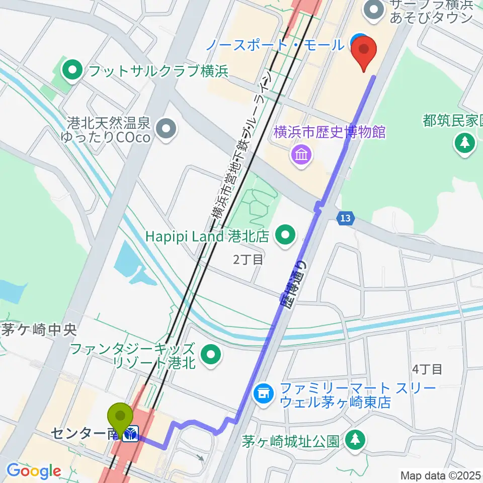 センター南駅からヤマノミュージックサロンセンター北へのルートマップ地図