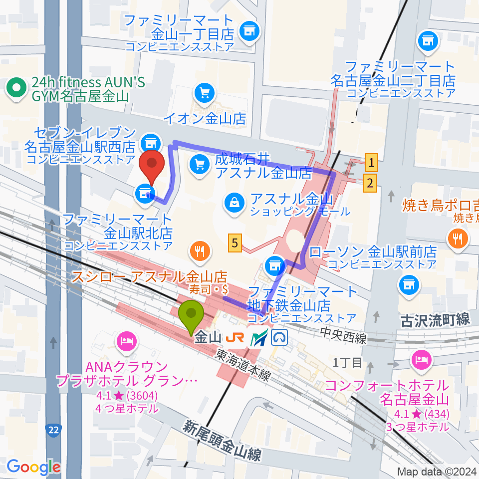 名古屋アズール・ギター教室の最寄駅金山駅からの徒歩ルート（約3分）地図