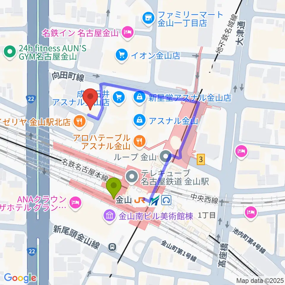 アズール・ギター教室の最寄駅金山駅からの徒歩ルート（約3分）地図