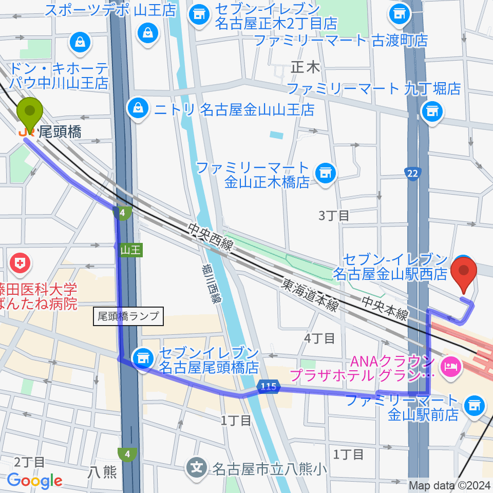 尾頭橋駅から名古屋アズール・ギター教室へのルートマップ地図