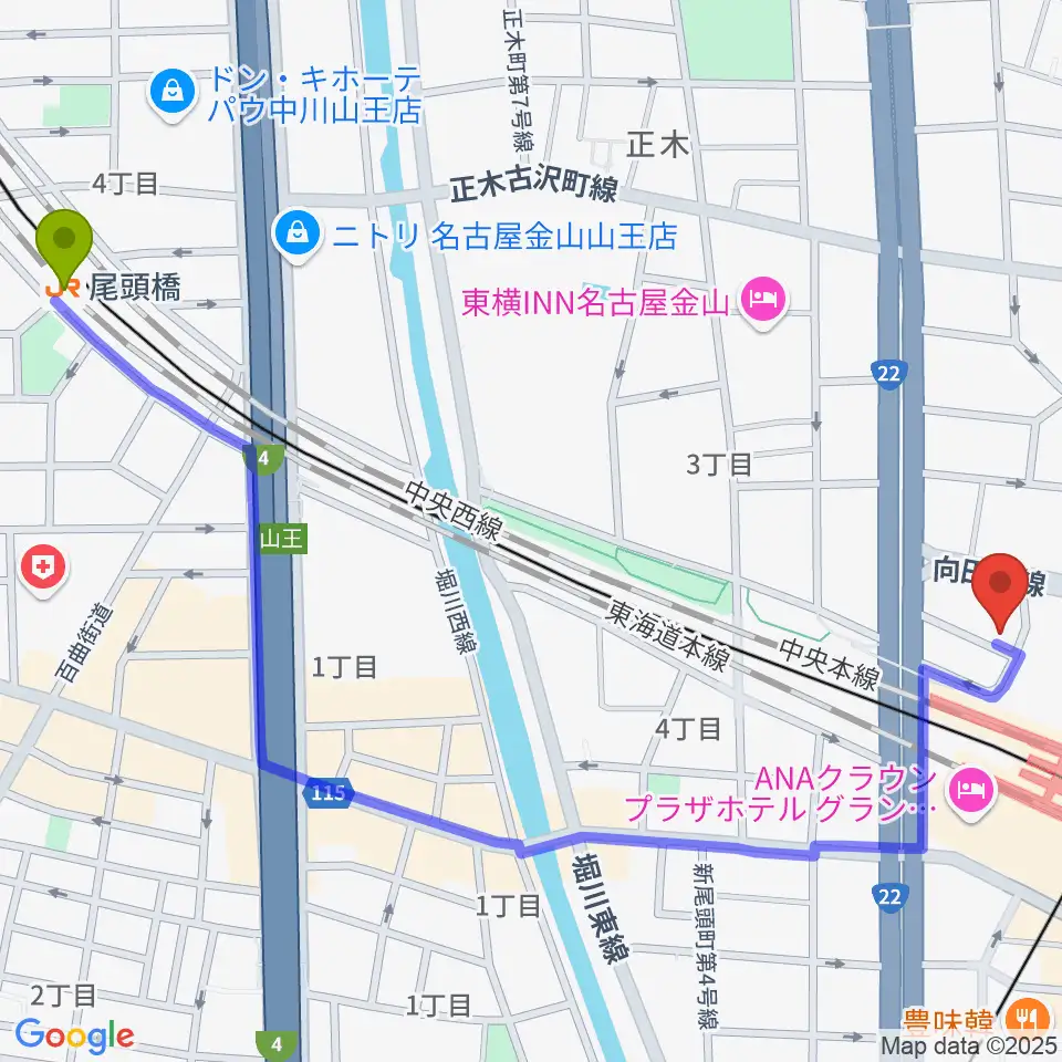 尾頭橋駅からアズール・ギター教室へのルートマップ地図