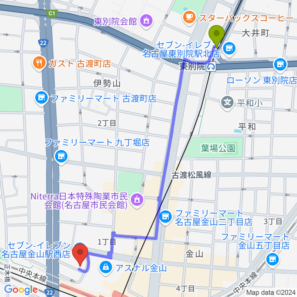 東別院駅から名古屋アズール・ギター教室へのルートマップ地図