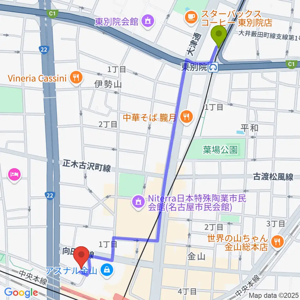 東別院駅からアズール・ギター教室へのルートマップ地図