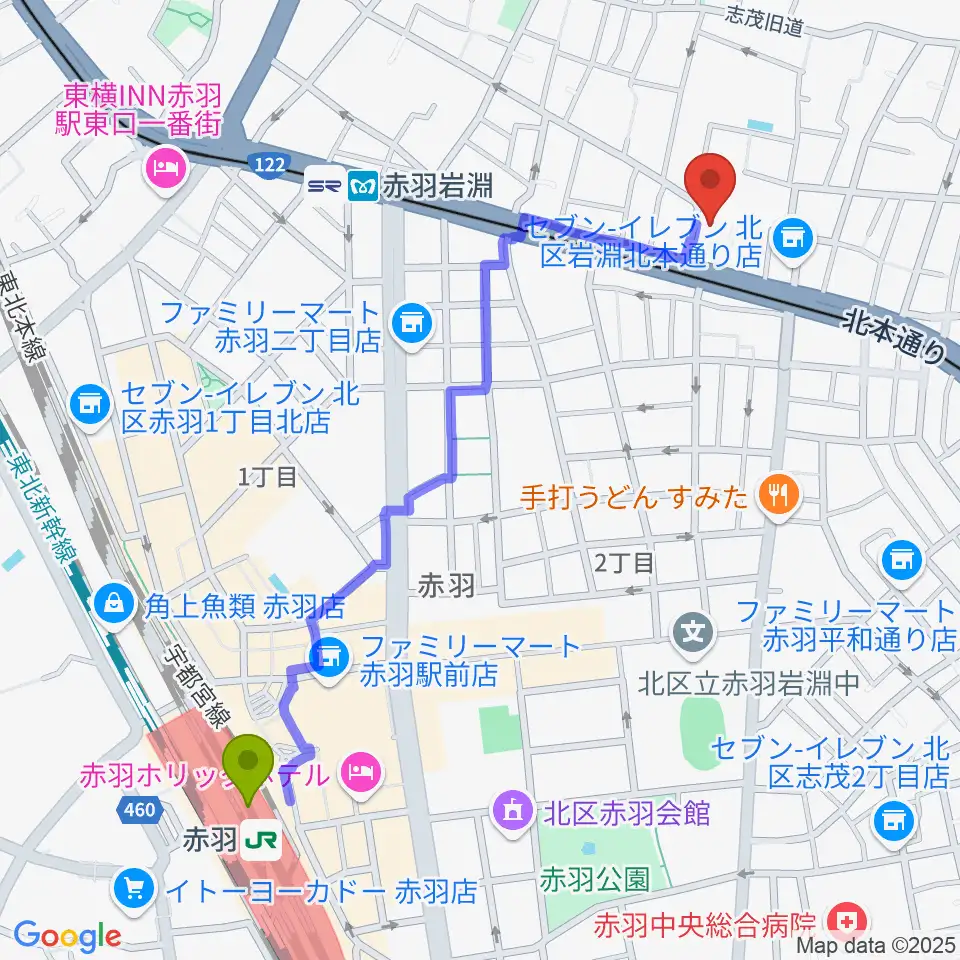 赤羽駅からエコール・ド・ピアノへのルートマップ地図