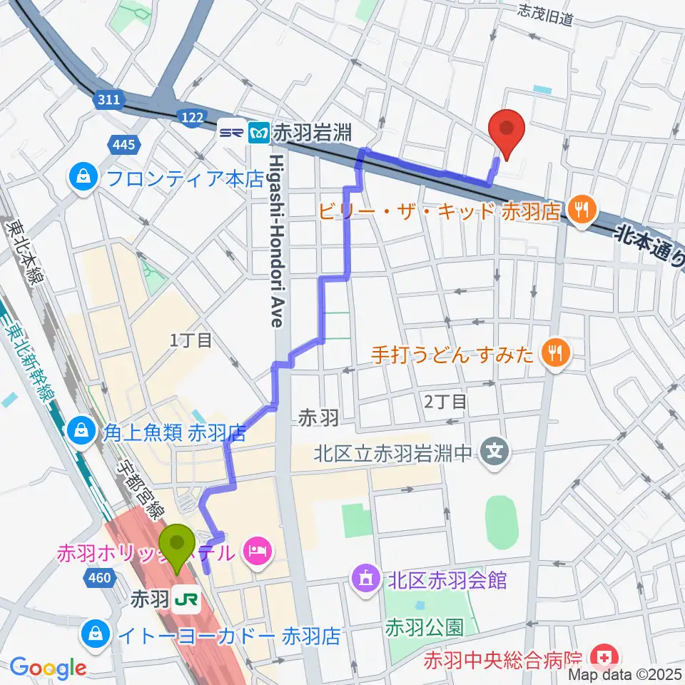 赤羽駅からエコール・ド・ピアノへのルートマップ地図