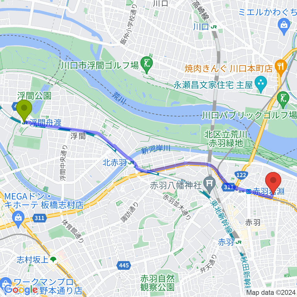 浮間舟渡駅からエコール・ド・ピアノへのルートマップ地図
