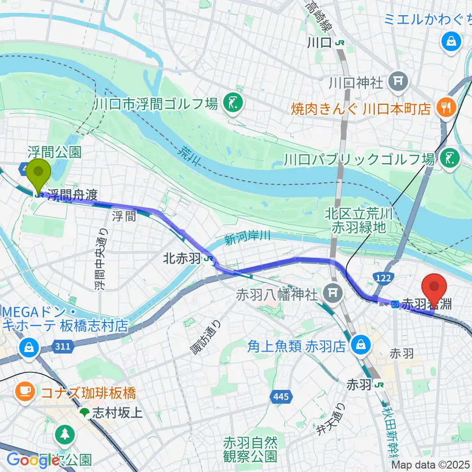 浮間舟渡駅からエコール・ド・ピアノへのルートマップ地図