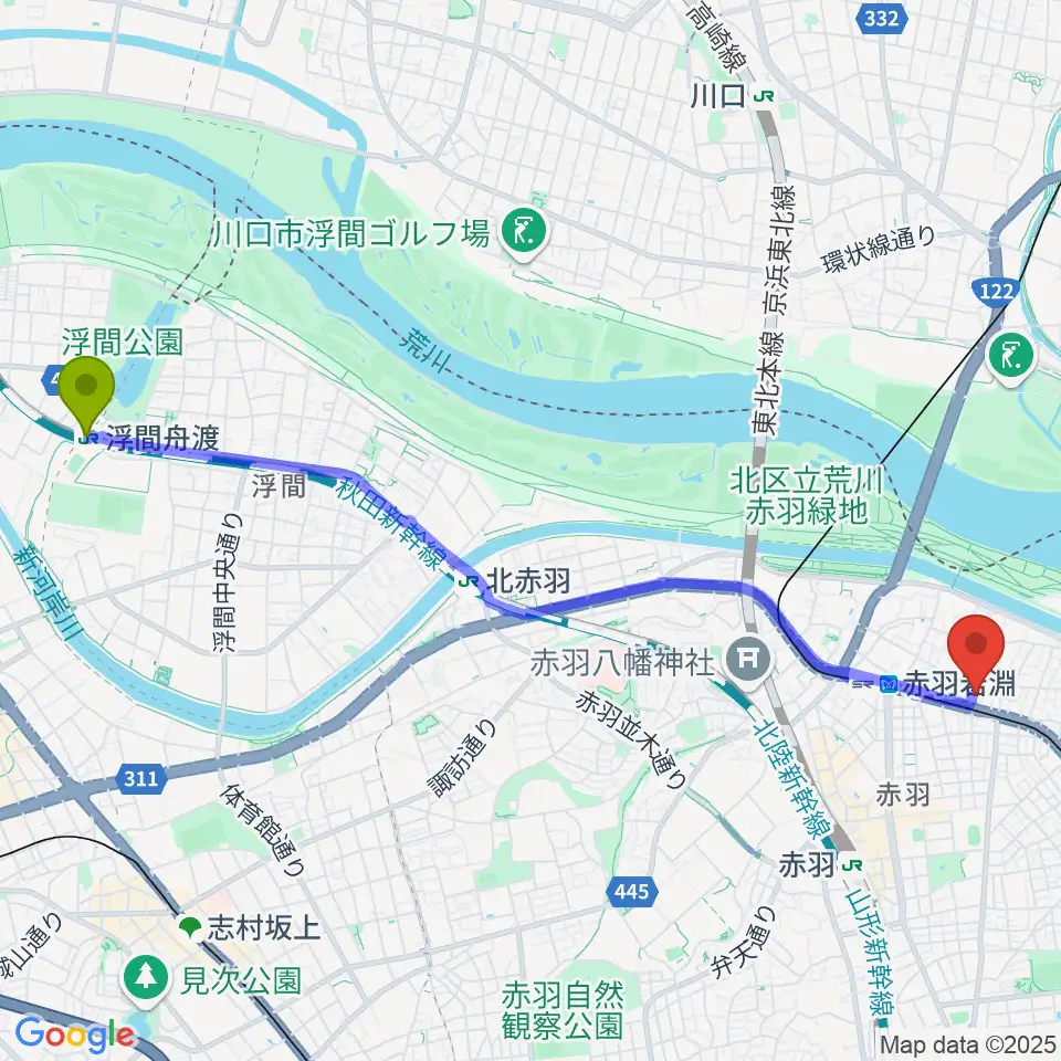浮間舟渡駅からエコール・ド・ピアノへのルートマップ地図