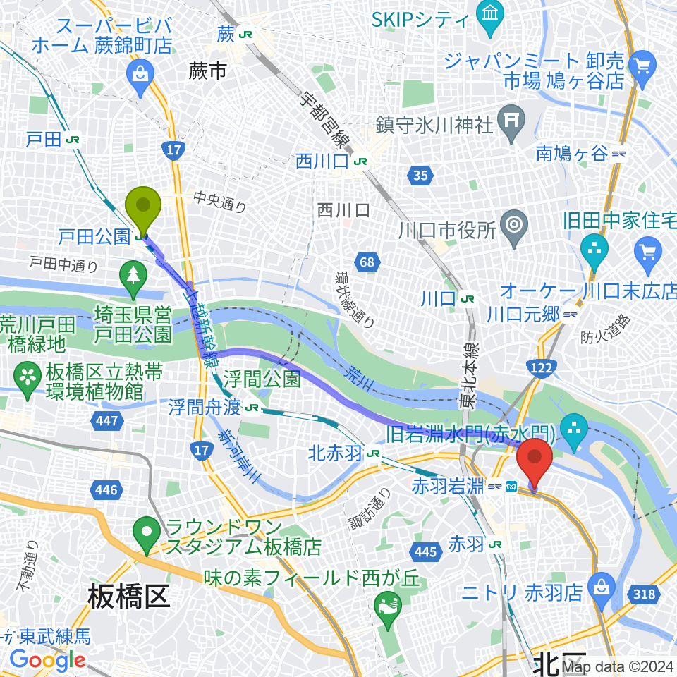 戸田公園駅からエコール・ド・ピアノへのルートマップ地図