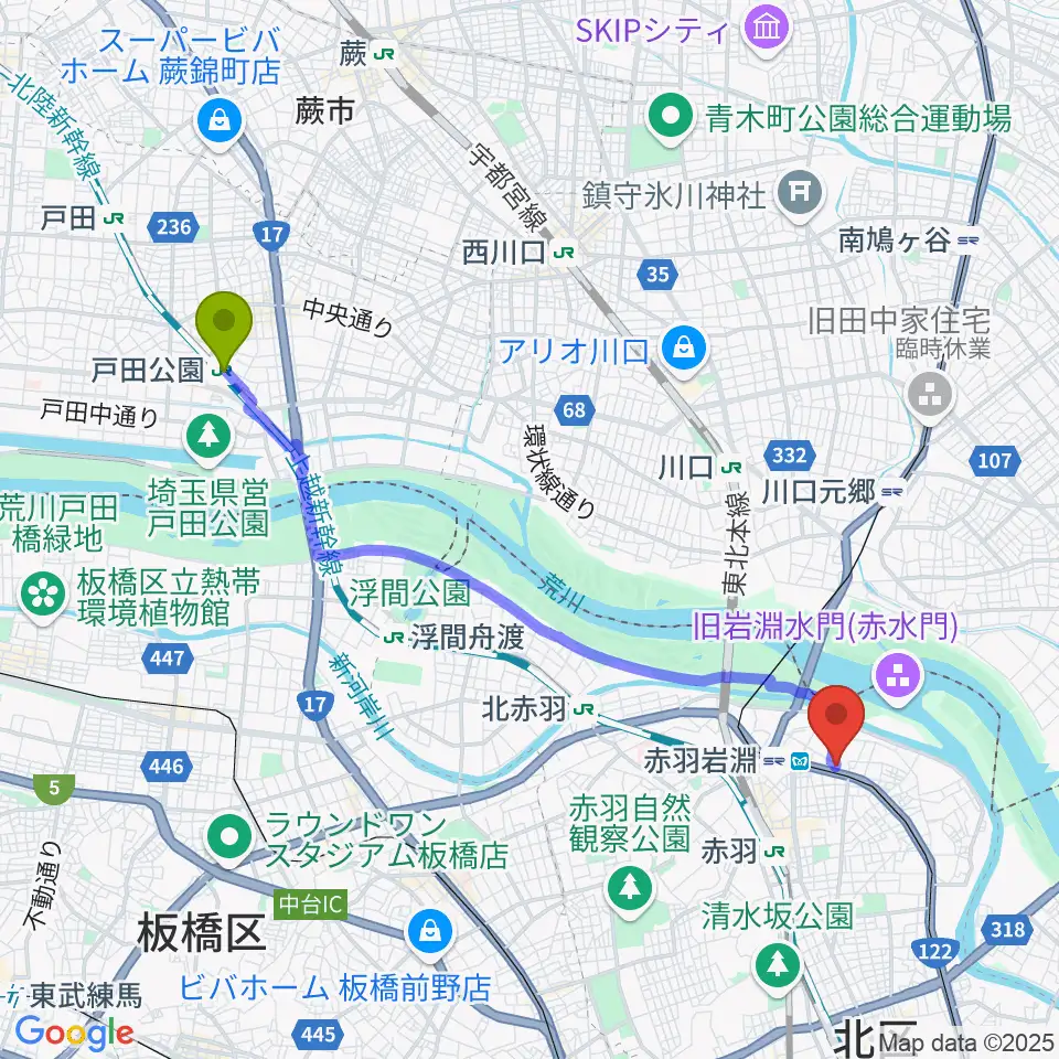 戸田公園駅からエコール・ド・ピアノへのルートマップ地図