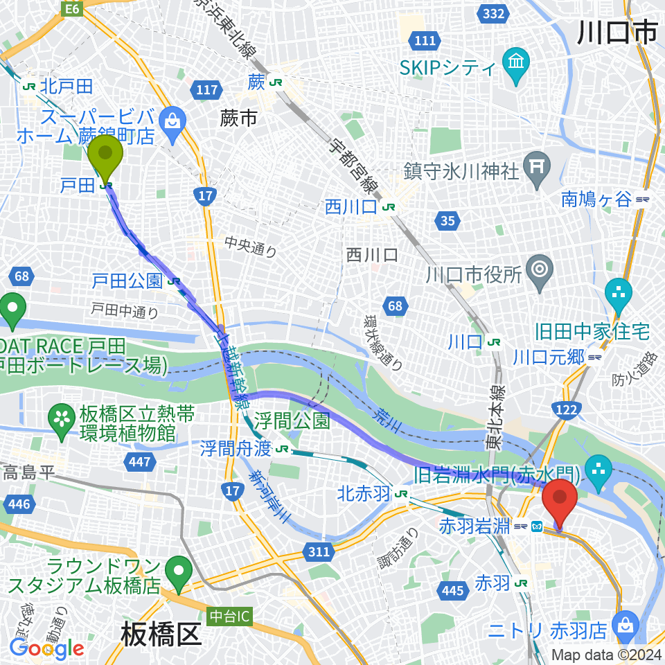 戸田駅からエコール・ド・ピアノへのルートマップ地図