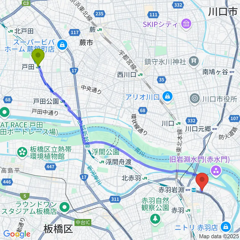 戸田駅からエコール・ド・ピアノへのルートマップ地図