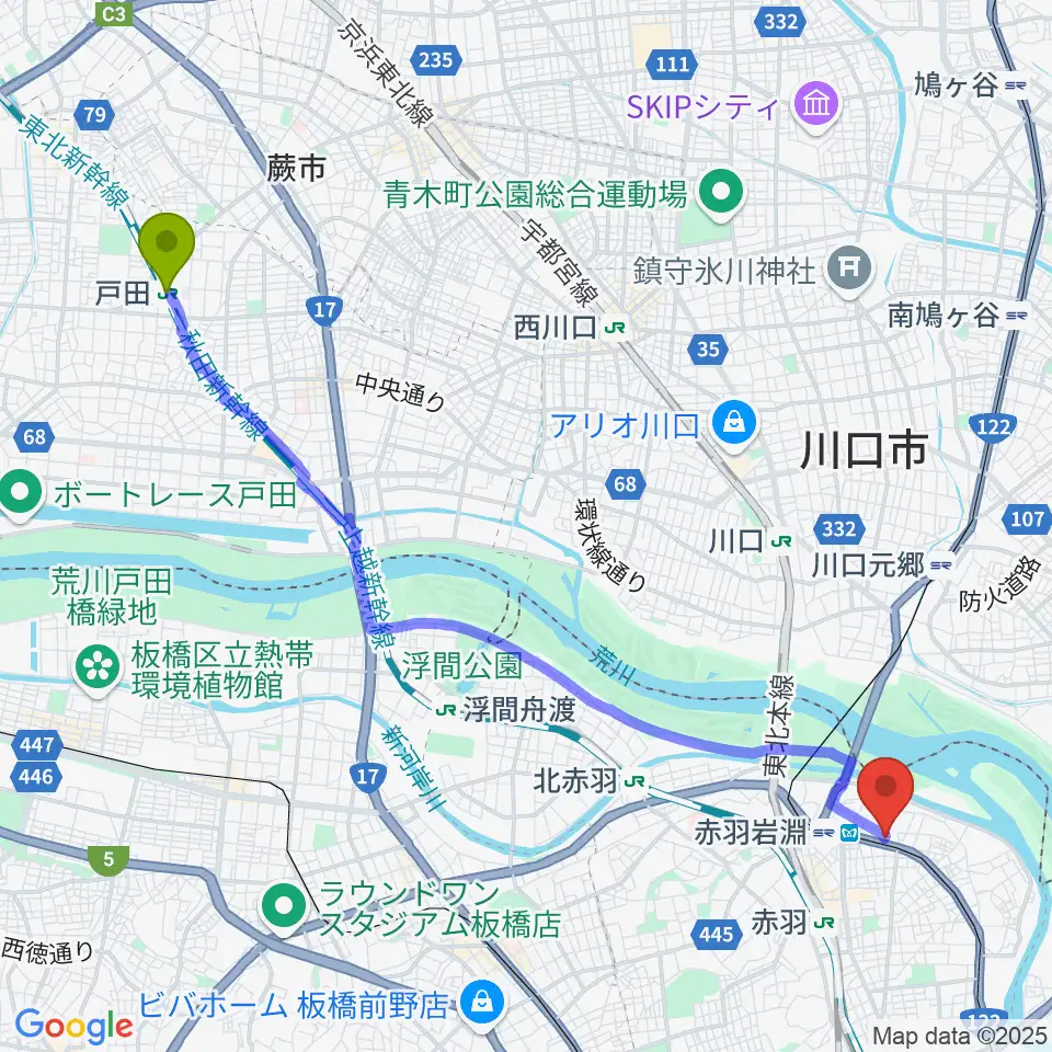 戸田駅からエコール・ド・ピアノへのルートマップ地図