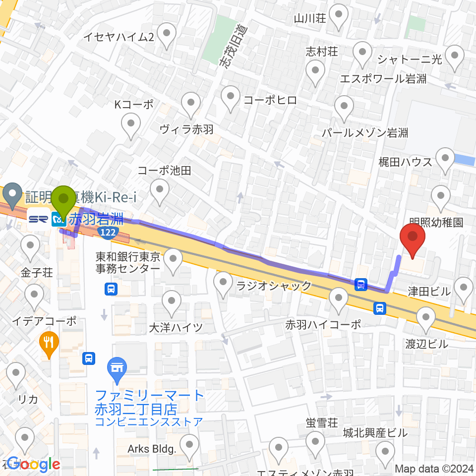 エコール・ド・ピアノの最寄駅赤羽岩淵駅からの徒歩ルート（約6分）地図
