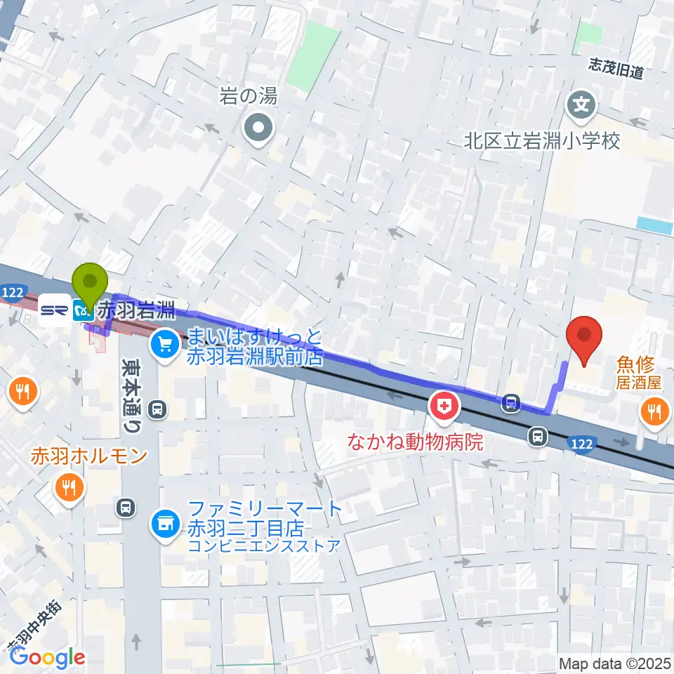 エコール・ド・ピアノの最寄駅赤羽岩淵駅からの徒歩ルート（約6分）地図