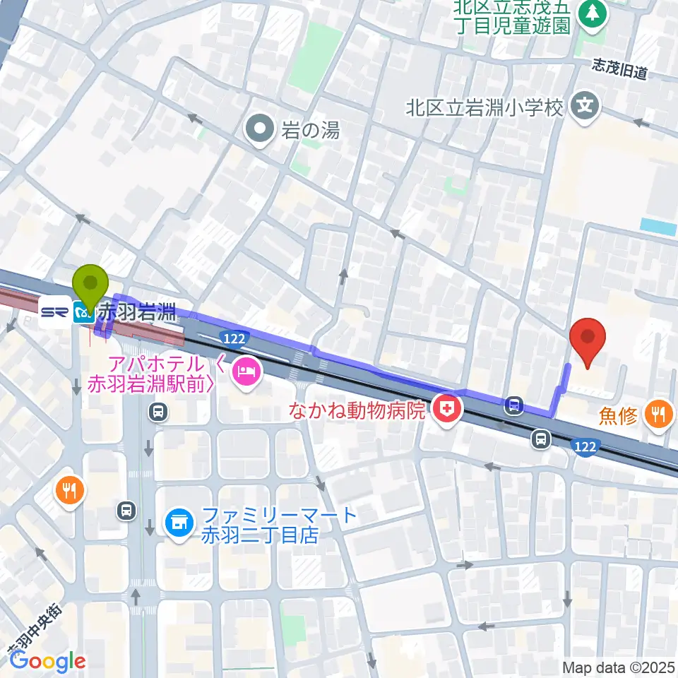 エコール・ド・ピアノの最寄駅赤羽岩淵駅からの徒歩ルート（約6分）地図