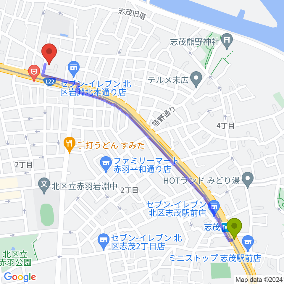 志茂駅からエコール・ド・ピアノへのルートマップ地図