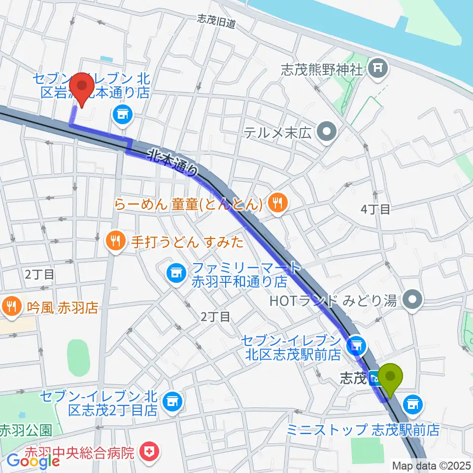 志茂駅からエコール・ド・ピアノへのルートマップ地図