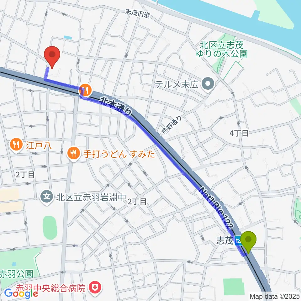 志茂駅からエコール・ド・ピアノへのルートマップ地図