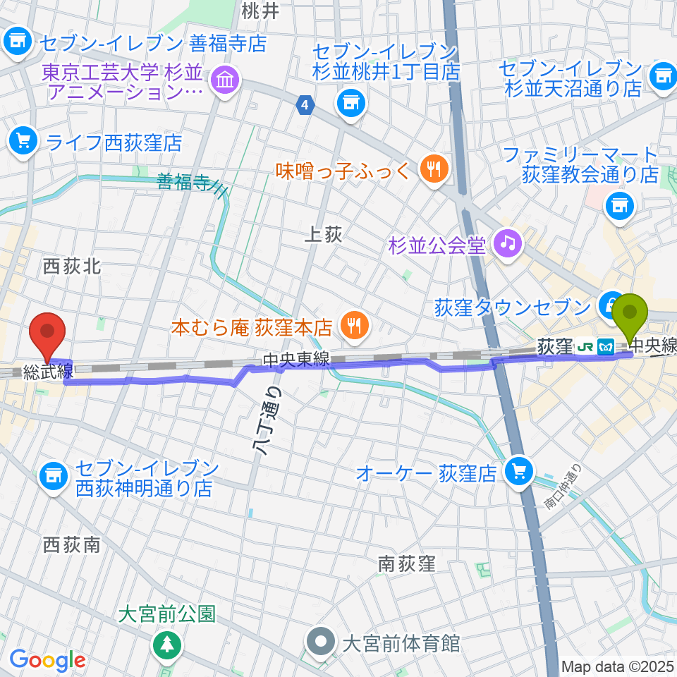 荻窪駅からOKADA音楽教室 西荻窪へのルートマップ地図