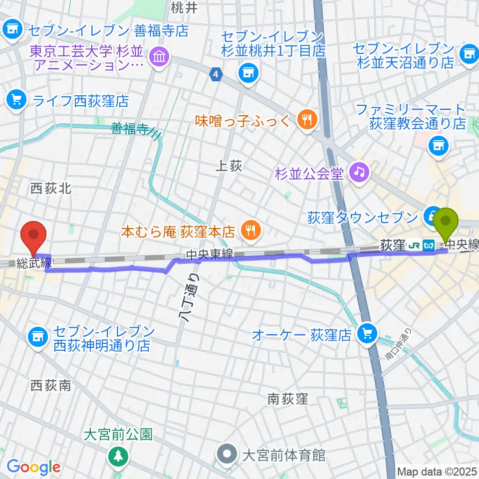荻窪駅からOKADA音楽教室 西荻窪へのルートマップ地図