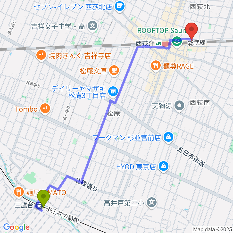 三鷹台駅からOKADA音楽教室 西荻窪へのルートマップ地図