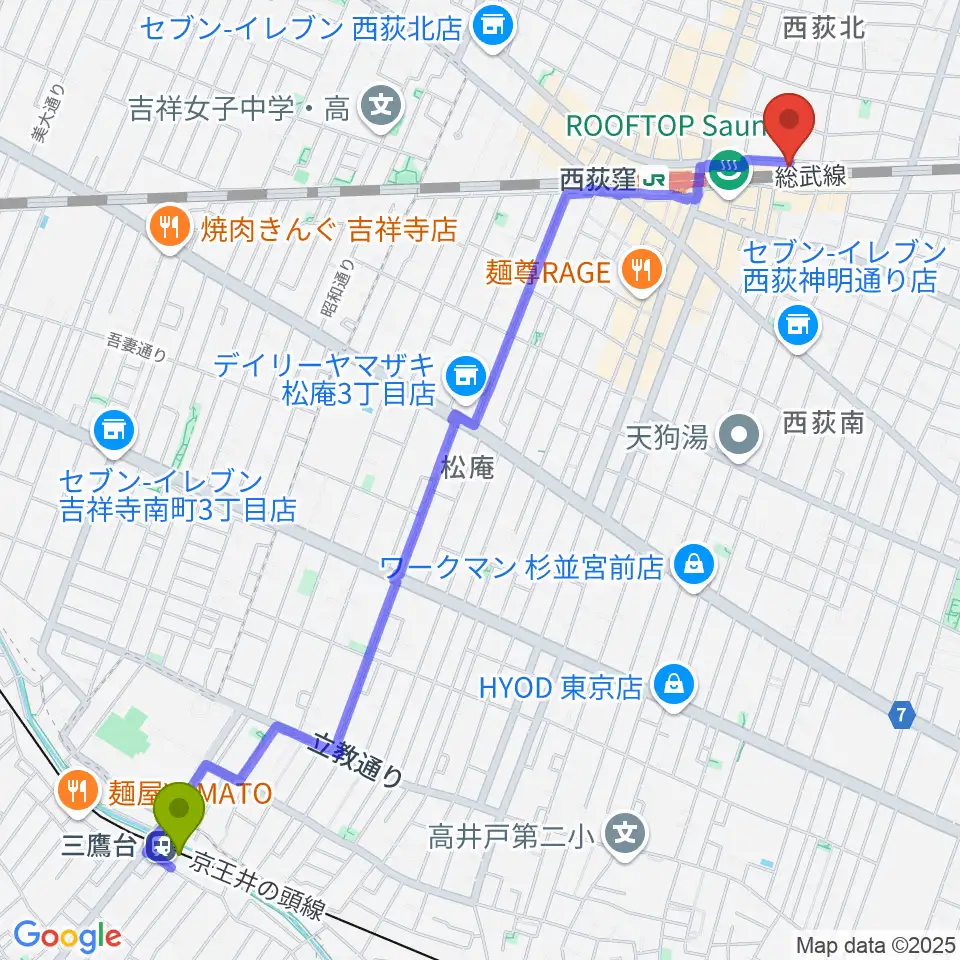 三鷹台駅からOKADA音楽教室 西荻窪へのルートマップ地図
