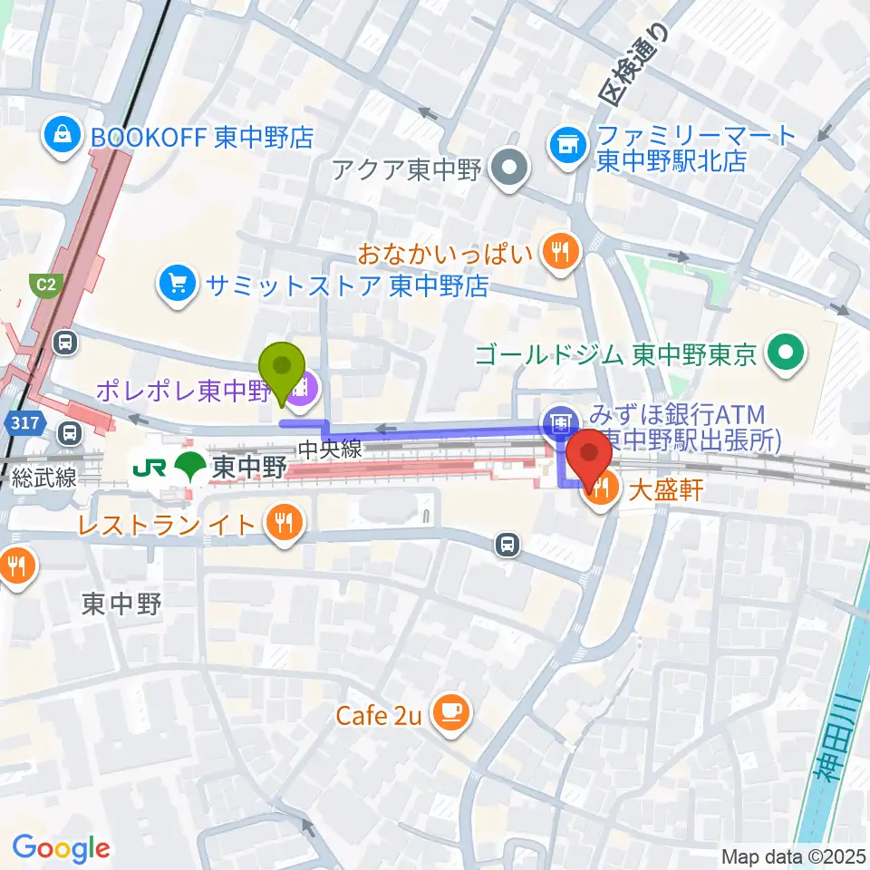 ボイストレーニング・レイクラブの最寄駅東中野駅からの徒歩ルート（約3分）地図