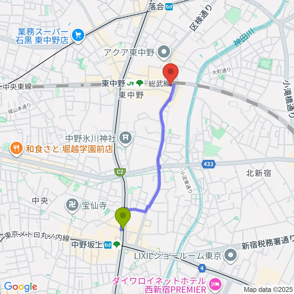 中野坂上駅からボイストレーニング・レイクラブへのルートマップ地図