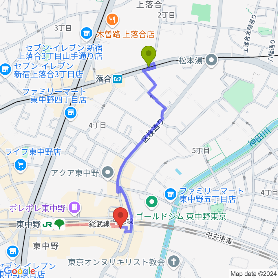 落合駅からボイストレーニング・レイクラブへのルートマップ地図